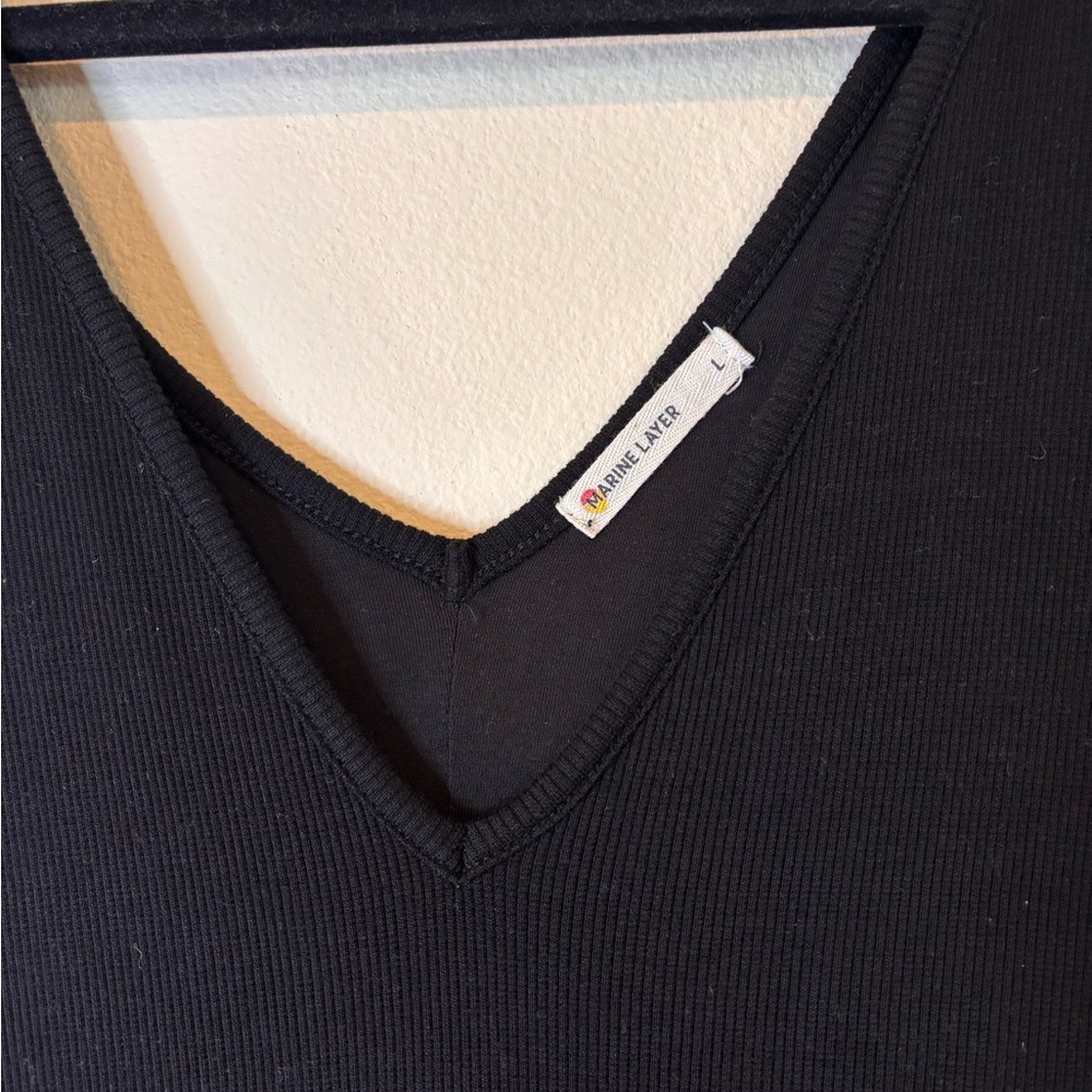 Marine Layer Lexi Rib V-Neck Black Tencel Maxi Dress Long Sleeve L - Picture 4 of 12
